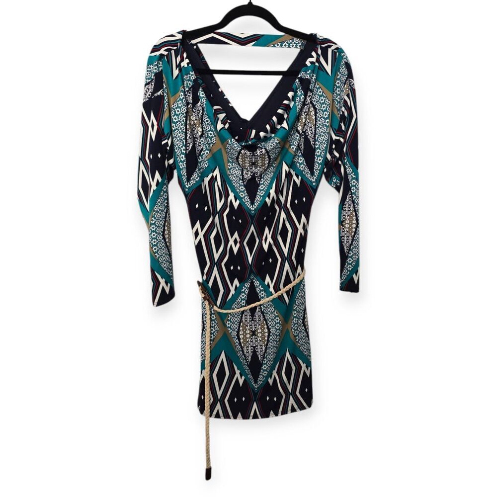 Laundry by Design Size S Belted Shift Dress Black Aqua Aztec Cowl Stretch Career